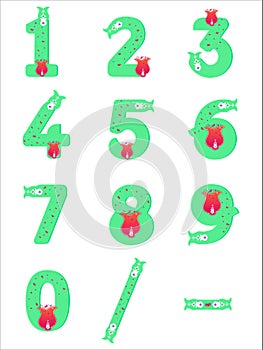 Magical Tulip numbers. Nature floral digits. Turquoise green characters. Whimsical magic collection. Vector set.