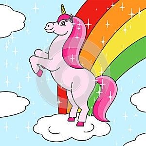 The magical unicorn reared up. The animal horse stands on its hind legs. Cartoon style. Simple flat vector illustration