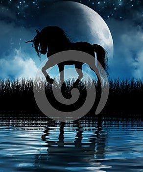 Magical Unicorn Silhouetted against the Moon