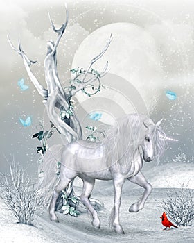 Magical Unicorn in Winter Landscape