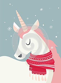 Magical unicorn at winter scine. merry christmas and happy new year
