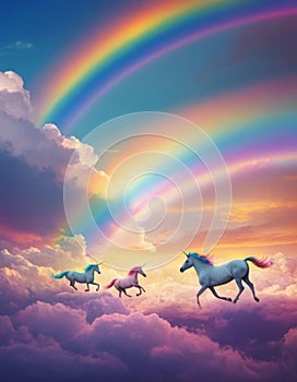 Magical Unicorns with Rainbow Sky
