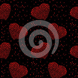 Bright hipster scratched broken red hearts on a black background