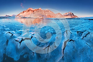 Magical Vestrahorn Mountains and Beach in Iceland at sunrise. Panoramic view of an Icelandic amazing landscape. Vestrahorn