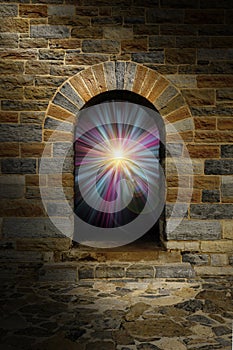 Magical vortex in a stone arch doorway