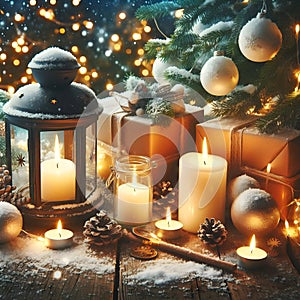 A magical winter adorned with a shining lantern, gifts, and holiday embellishments. photo