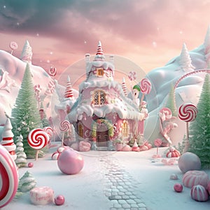 Magical winter holiday town made of candy and sweets, Christmas fairytale castle