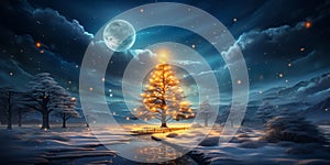 Magical Winter Landscape with Dazzling Christmas Tree 3D Rendering