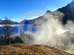 Magical winter landscape with fog inversion weatheres in the Alps - Vorarlberg Austria Europe