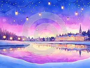 Magical winter landscape with a glowing city and river