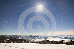 Magical winter landscape with snow covered tree. Vibrant night sky with stars and nebula and galaxy. Deep sky astrophoto