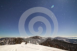 Magical winter landscape with snow covered tree. Vibrant night sky with stars and nebula and galaxy. Deep sky astrophoto