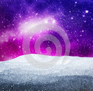 Magical winter landscape. Snow, sky with glowing stars.