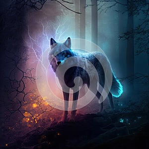 A magical wolf in a dark misty forest with dramatic phantasmal iridescent lighting, ai generated