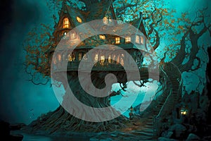 magical wooden tree house from fantasy