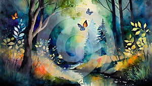 magically fantasy forest with butterflies