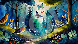 magically fantasy forest with butterflies