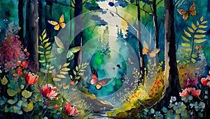 magically fantasy forest with butterflies