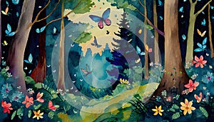 magically fantasy forest with butterflies