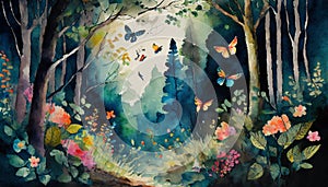 magically fantasy forest with butterflies