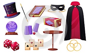 Magician accessories. Cartoon wizard items. Tools for magic tricks. Professional illusionist equipment. Magical show hat