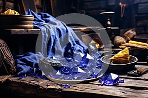 Magician arranging mystical accessories on table for captivating magical ritual performance