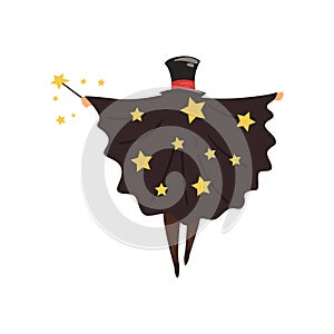 Magician in black mantle with stars and cylinder hat, back view Wizard with magic stick. Circus performance. Flat vector