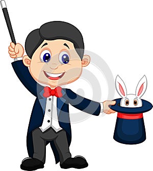 Magician cartoon pulling out a rabbit from his top hat