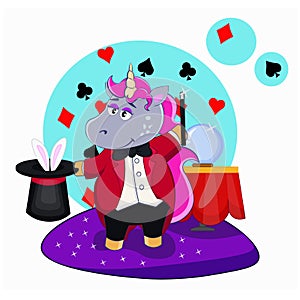 A magician cartoon unicorn with illusionist hat