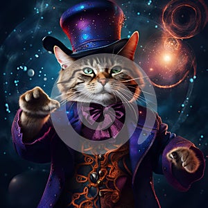 A magician cat wearing a top hat in a mysterious background. Amazing digital illustration. CG Artwork Background