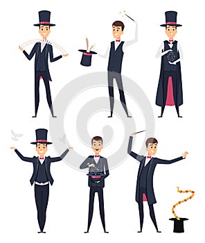 Magician. Circus showman actor male illusionist vector cartoon characters