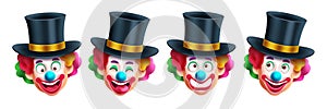 Magician clown characters vector set design. Clown and buffoon with magician hat costume