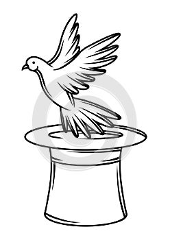 Magician cylinder from which pigeon fly out. Trick or magic illustration.