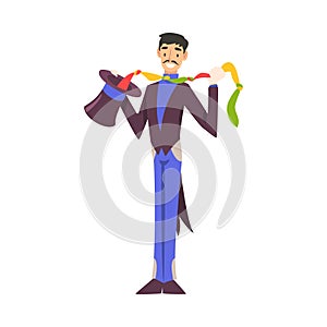 Magician Doing Tricks with Handkerchief, Illusionist Character in Tailcoat and Top Hat Performing at Magic Show Cartoon