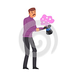 Magician Doing Tricks, Male Illusionist Character Performing at Magic Show with Top Hat Cartoon Style Vector