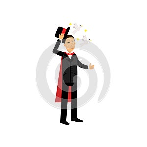 Magician in an elegant black suit performing trick with doves flying from top hat, circus performer vector Illustration