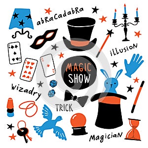 Magician equipment collection. Magic elements and symbols, illusionist tools for tricks. Funny doodle hand drawn illustration.