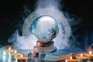 Magician or fortune teller is predicting future with crystal sphere.