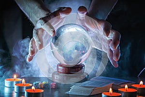 Magician or fortune teller is predicting future with crystal sphere.