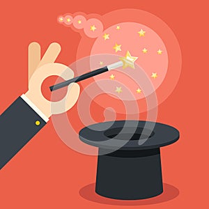 Magician hand holding magic wand over cylinder hat flat design vector illustration