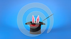 Magician hat. Rabbit ears stick out with a black top hat with a red ribbon and a magic wand. Blue background. 3d render