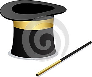 Magician hat with wand on white background. Black magic hat with wand stick. Magical performance, wizard, fairy tale