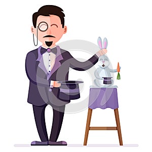 Magician holding trained rabbit with carrot and magic hat. Circus illusionist. Colorful vector illustration of circus characters.