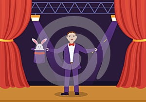 Magician Illusionist Conjuring Tricks and Waving a Magic Wand above his Mysterious Hat on a Stage in Hand Drawn Illustration