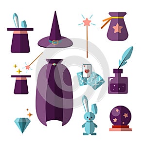 Magician illusionist vector flat set with fabulous items - magic hat, rabbit, wand, cards, cristal ball and other