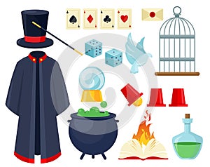 Magician items flat vector illustrations set. Illusionist mantle, cylinder hat and stick isolated pack. Mystery show