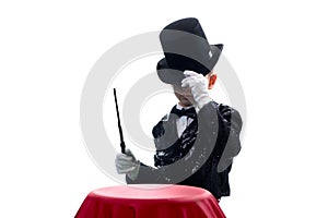 Magician kid illusionist boy in hat. costume illusion isolated white background