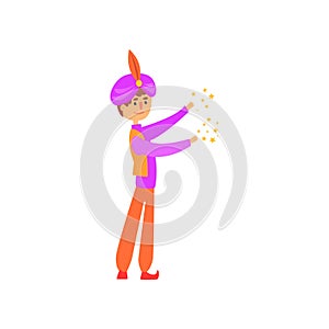 Magician making some stars by his magic power. Cartoon man character in colorful costume and turban with red feather