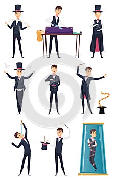 Magician. Male performer showmen in black costume and white gloves magic tricks vector cartoon characters