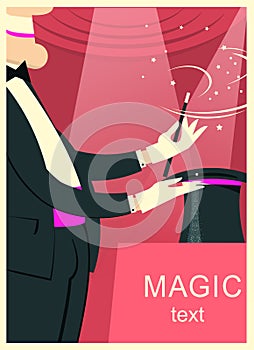 Magician man doing a trick with Magic wand and black magic hat o